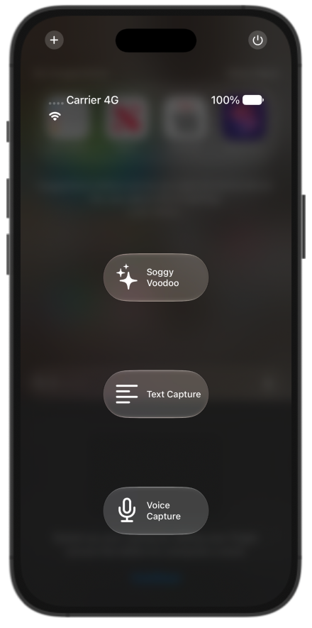 iPhone Control Center showing Soggy Voodoo capture controls