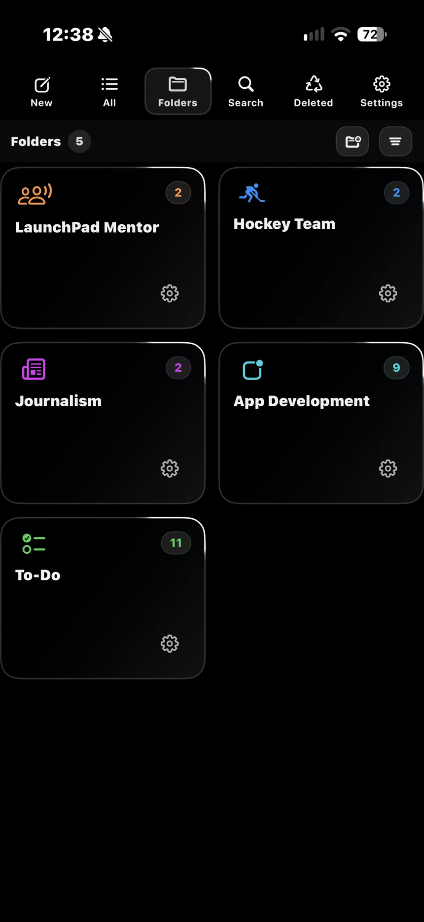 Folders screen showing multiple populated folders