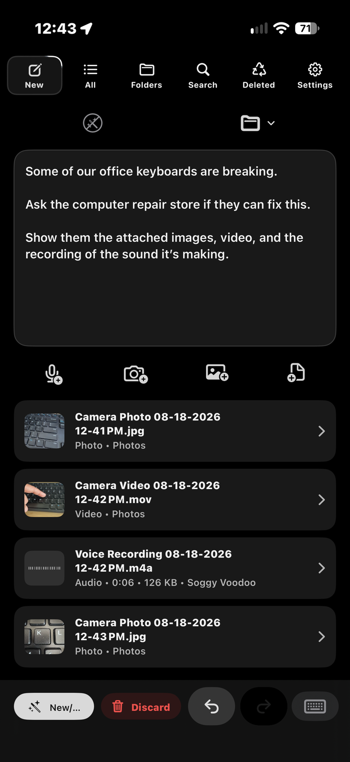Capture in progress with text, photos, video, audio, and files attached