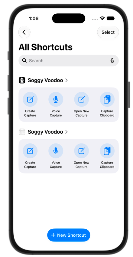 iPhone Shortcuts showing Soggy Voodoo actions